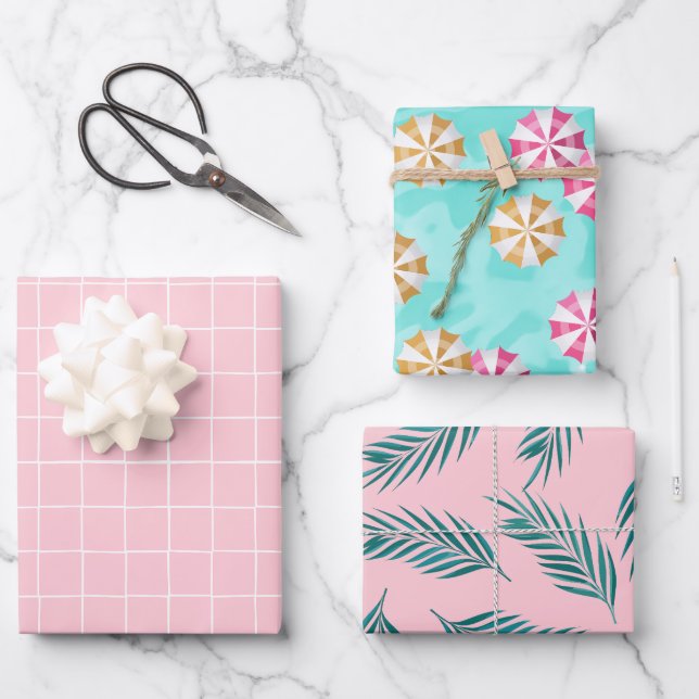 Pink Tropical Pool Party Wrapping Paper Sheet (Front)
