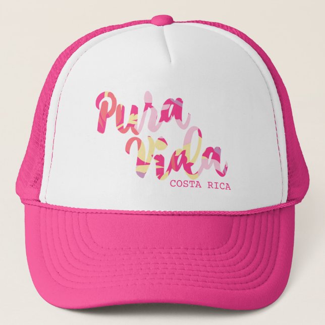 Pink Tropical "Pura Vida" Costa Rica Souvenir Trucker Hat (Front)