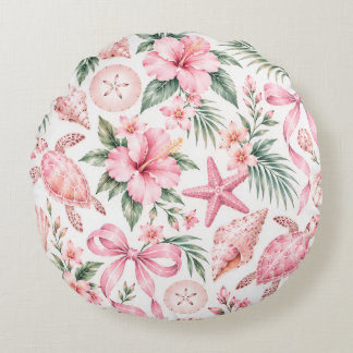 Pink Tropical Sea Turtle Round Pillow