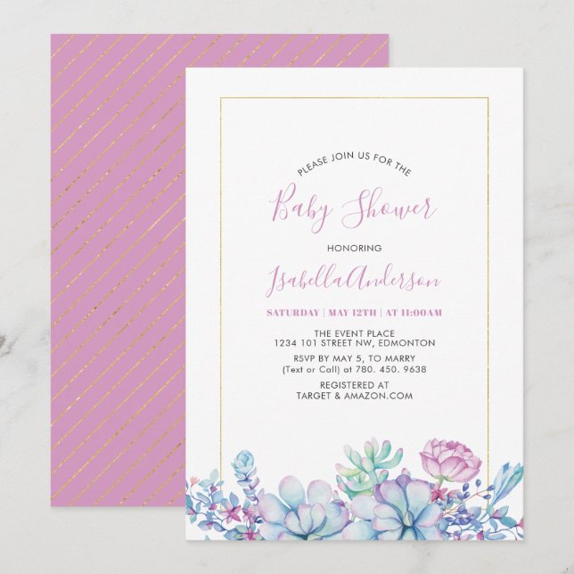 Pink | Tropical Succulents Summer Baby Shower Invitation (Front/Back)