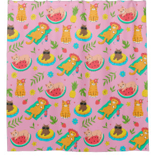 Pink Tropical Summer Cats Shower Curtain
