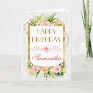 Pink Tropical Summer Flowers Gold Foil Birthday Card