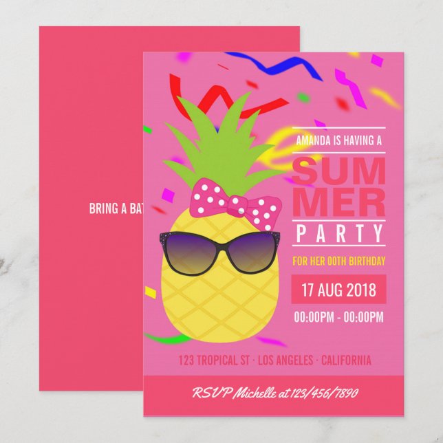 Pink Tropical Summer Girl Birthday Party Invite (Front/Back)