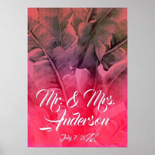 Pink Tropical Summer Palm Leaves Beach Wedding Poster (Front)