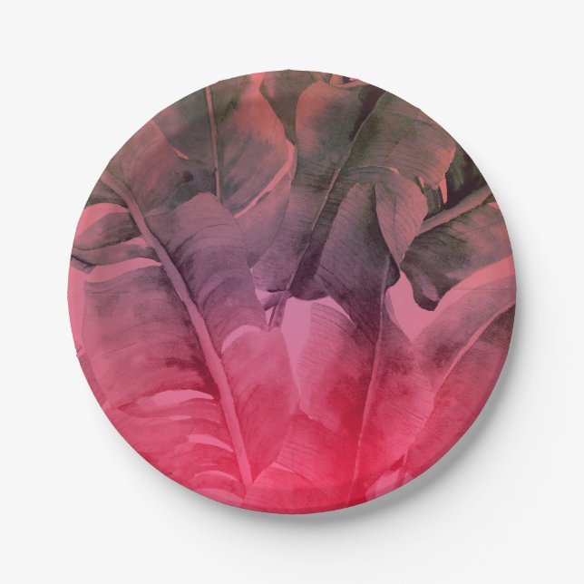 Pink Tropical Summer Palm Leaves Luau Party Paper Plate (Front)