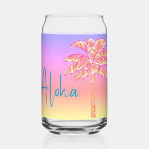 Pink Tropical Sunset Palm Tree Aloha Can Glass