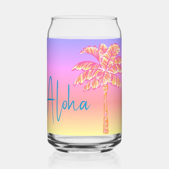 Pink Tropical Sunset Palm Tree Aloha Can Glass (Front)