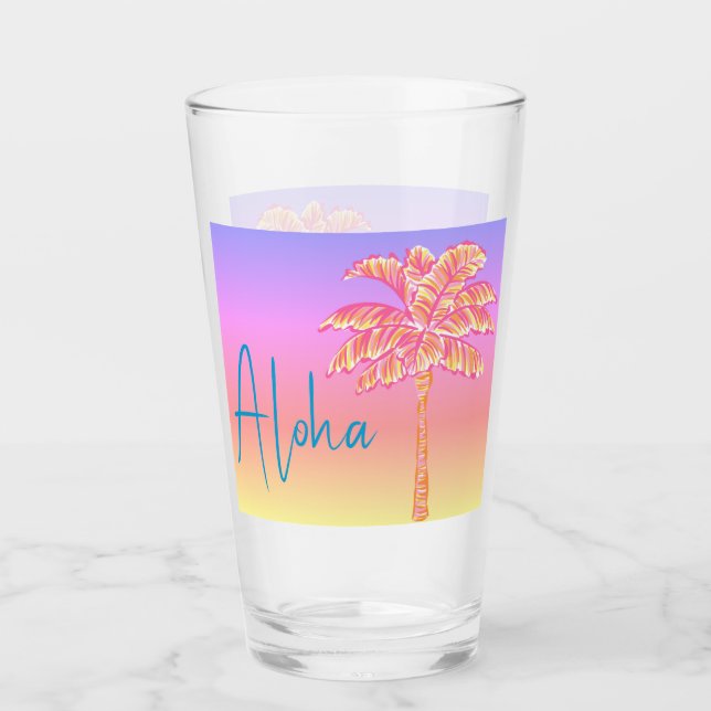 Pink Tropical Sunset Palm Tree Aloha Glass (Front)