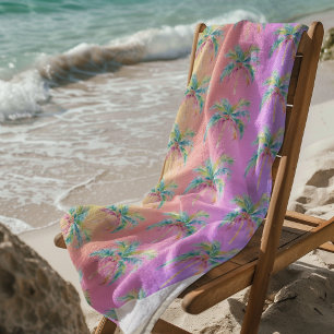Pink Tropical Sunset Palm Tree  Beach Towel