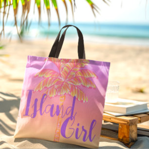 Pink Tropical Sunset Palm Tree Island Girl  Tote Bag
