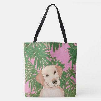 Pink Tropical Tote Bag with Yellow Lab