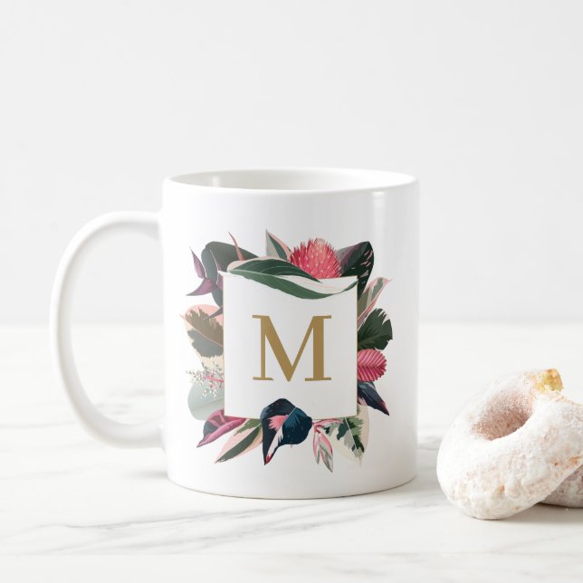 Pink Tropical Variegated Houseplants Monogram Coffee Mug (With Donut)
