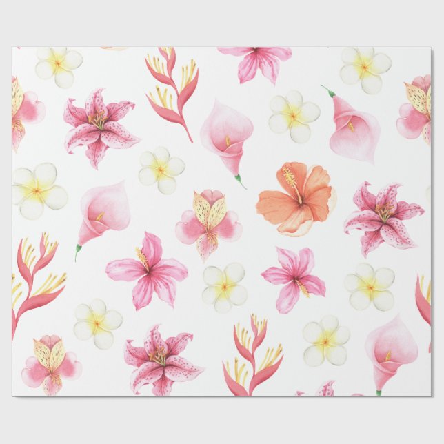 Pink Tropical Watercolor Floral Pattern Wrapping Paper (Flat)