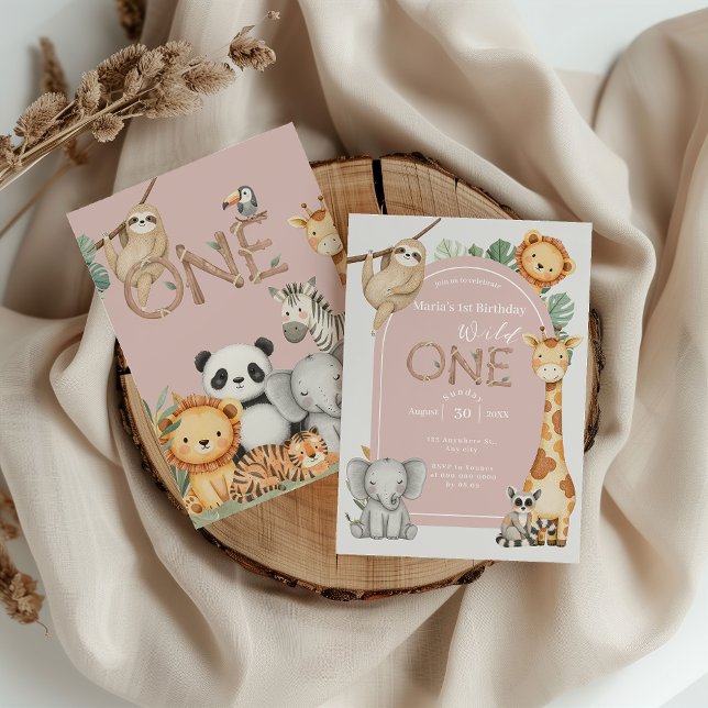 Pink Tropical Wild One Jungle Safari Animals  Invitation (Creator Uploaded)