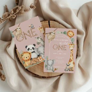 Pink Tropical Wild One Jungle Safari Animals  Invitation