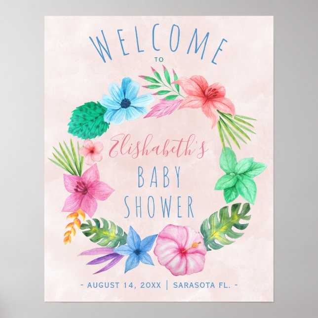 Pink tropical wreath baby shower welcome sign (Front)
