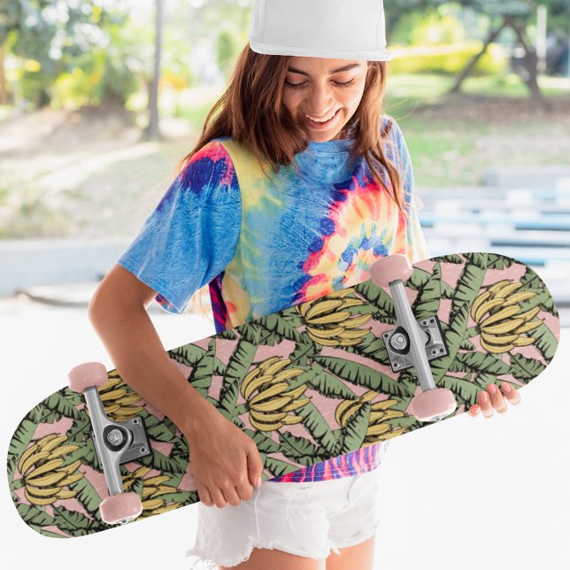Pink Tropical Yellow Bananas and Leaves Skateboard (Pattern of Hand Drawn Illustration of Yellow Banana Bunches & Leaves in Black Ink. Pink Background. )