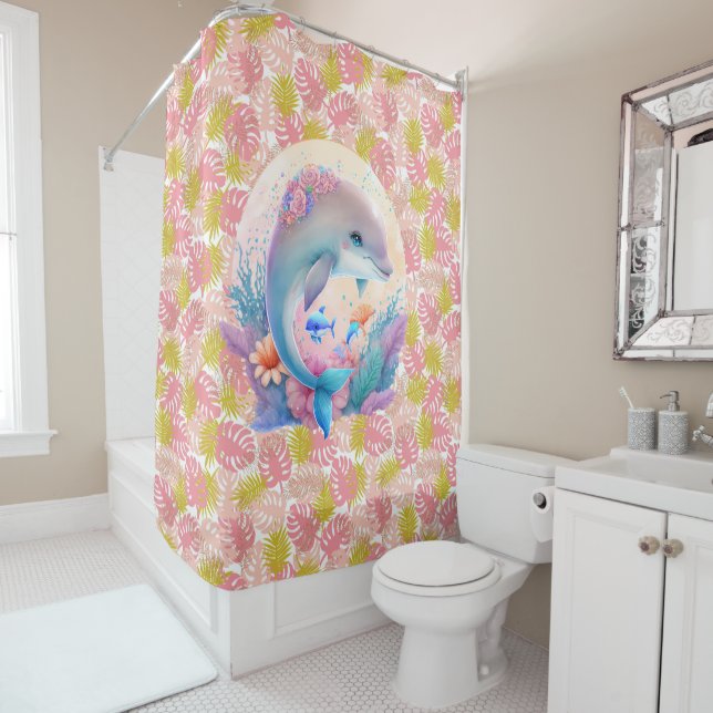 Pink Tropics With Dolphin Shower Curtain (In Situ)