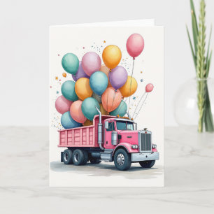 Pink Truck Balloon Birthday Card