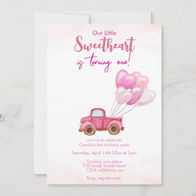 pink truck & balloons birthday Invitation (Front)