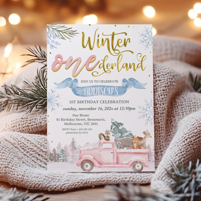 Pink Truck Banner Winter Onederland 1st Birthday Invitation (Girls Winter Onederland 1st Birthday Invitation, Winter Themed First Birthday Girl, Woodland Animals)