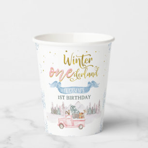 Pink Truck Banner Winter Onederland Birthday Cups