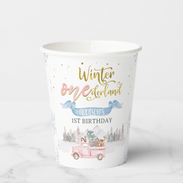 Pink Truck Banner Winter Onederland Birthday Cups (Left)