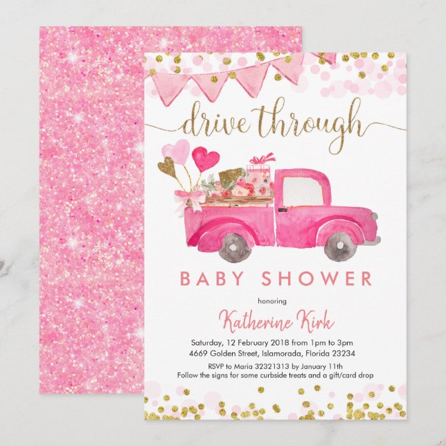Pink Truck Drive Through Baby Shower Invitation (Front/Back)