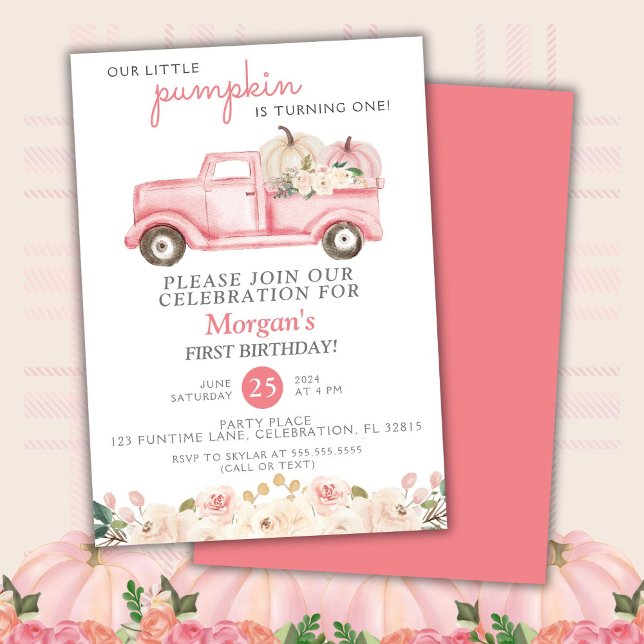 Pink Truck Little Pumpkin Birthday Party Invitation (Creator Uploaded)