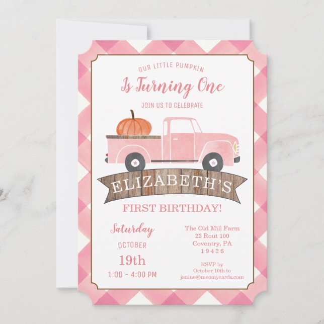 Pink Truck Little PUMPKIN Girl First Birthday Invitation (Front)