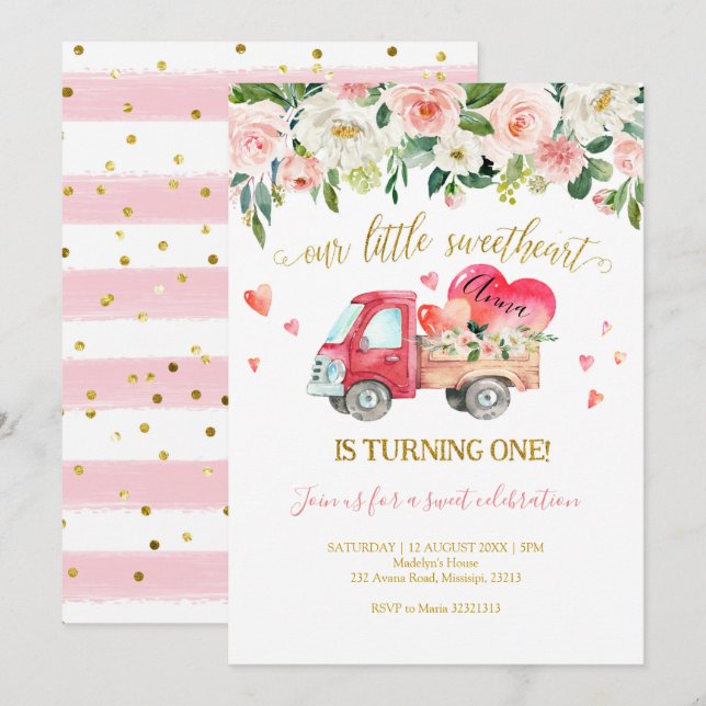Pink Truck Our Little Sweetheart First Birthday Invitation (Front/Back)