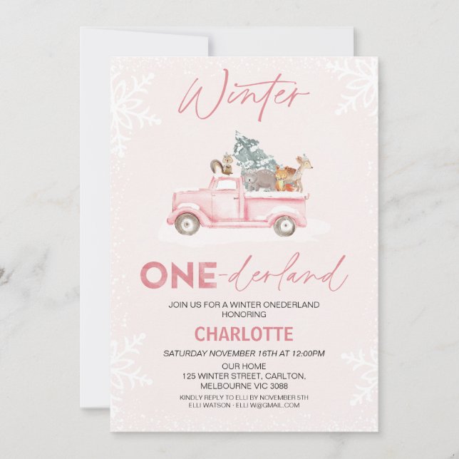 Pink Truck Photo Winter Onederland 1st Birthday Invitation (Front)
