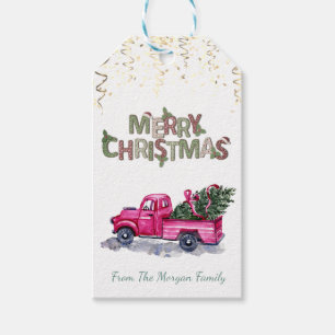 Pink Truck Pine Trees,Confetti,Merry Christmas  Gift Tags