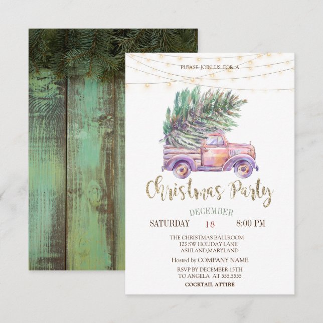 Pink Truck Pine Trees,Lights Wood Christmas Party Invitation (Front/Back)