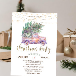 Pink Truck Pine Trees,Lights Wood Christmas Party Invitation