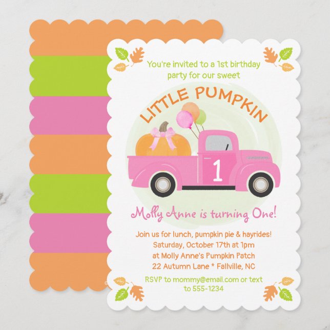 Pink Truck Pumpkin 1st First Birthday Girl Party Invitation (Front/Back)