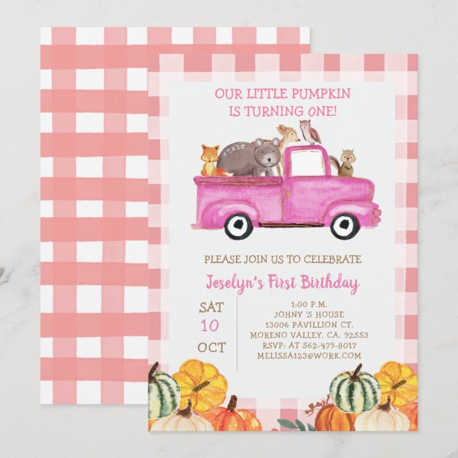 Pink Truck Pumpkin  Animals 1st Birthday Invitation (Front/Back)