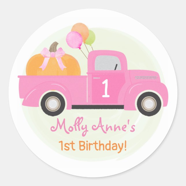 Pink Truck Pumpkin Balloons Fall 1st Birthday Girl Classic Round Sticker (Front)