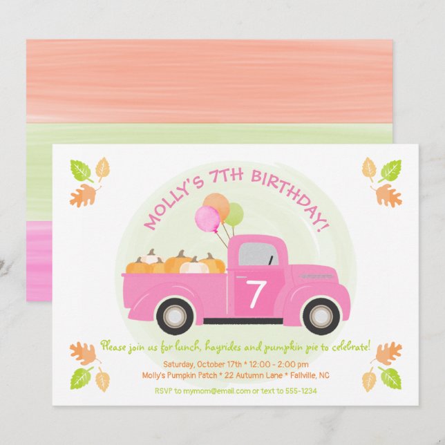 Pink Truck Pumpkin Balloons Laves Fall Birthday In Invitation (Front/Back)