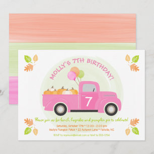 Pink Truck Pumpkin Balloons Laves Fall Birthday In Invitation