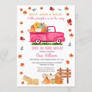 Pink Truck Pumpkin Fall Drive By Baby Shower Invitation