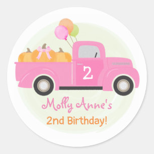 Pink Truck Pumpkins Balloons Fall Birthday Girl Classic Round Sticker