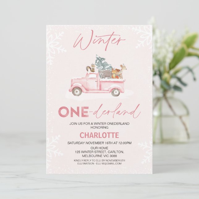 Pink Truck Woodland Winter Onederland 1st Birthday Invitation (Standing Front)