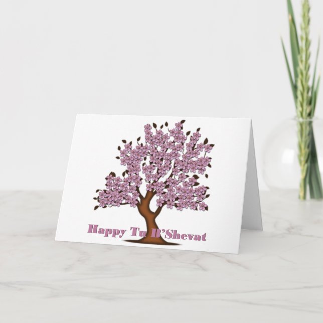 Pink Tu B'Shevat Flower Tree Holiday Card (Front)