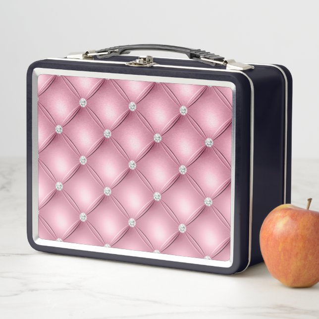 Pink Tufted Small Square Decorative Pattern Metal Lunch Box (In Situ)