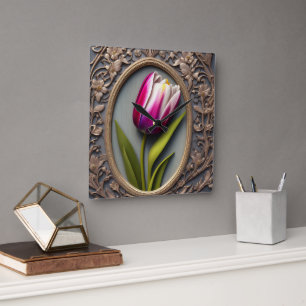Pink Tulip Art Nouveau Design, Square Wall Clock