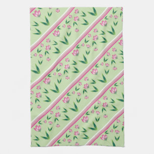 Pink Tulip Art On Green Tea Towel