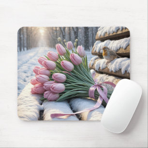 Pink Tulip Bouquet and Robin On a Snowy Bench Mouse Mat