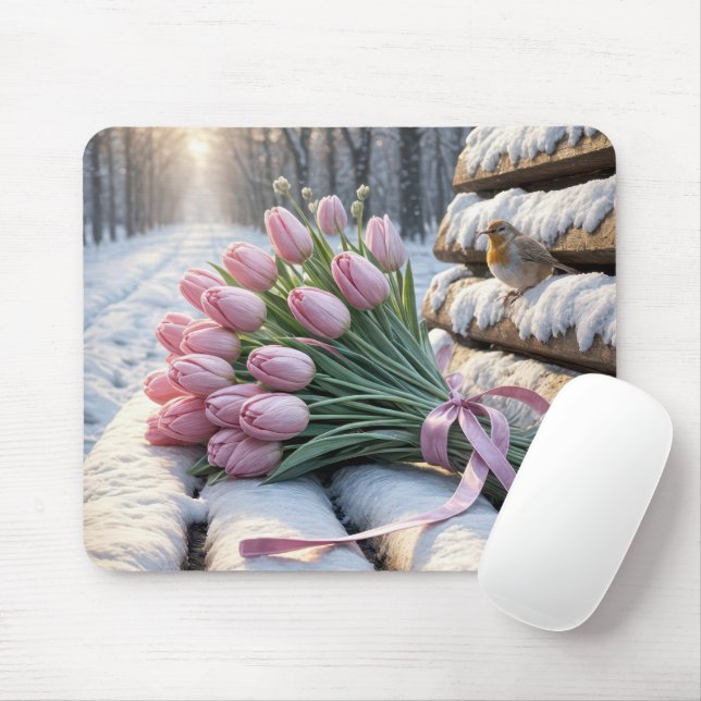 Pink Tulip Bouquet and Robin On a Snowy Bench Mouse Mat (With Mouse)