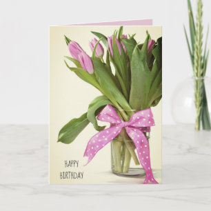 pink tulip bouquet with bow for birthday card